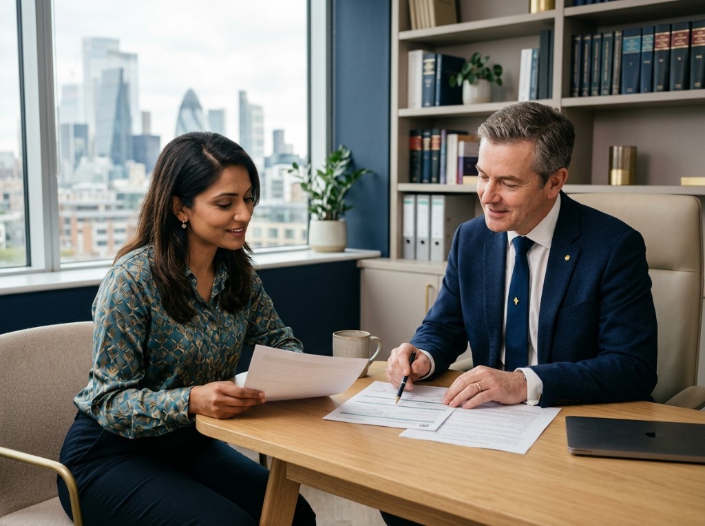 Qualis Law immigration consultation — advisers reviewing documents together in a modern office